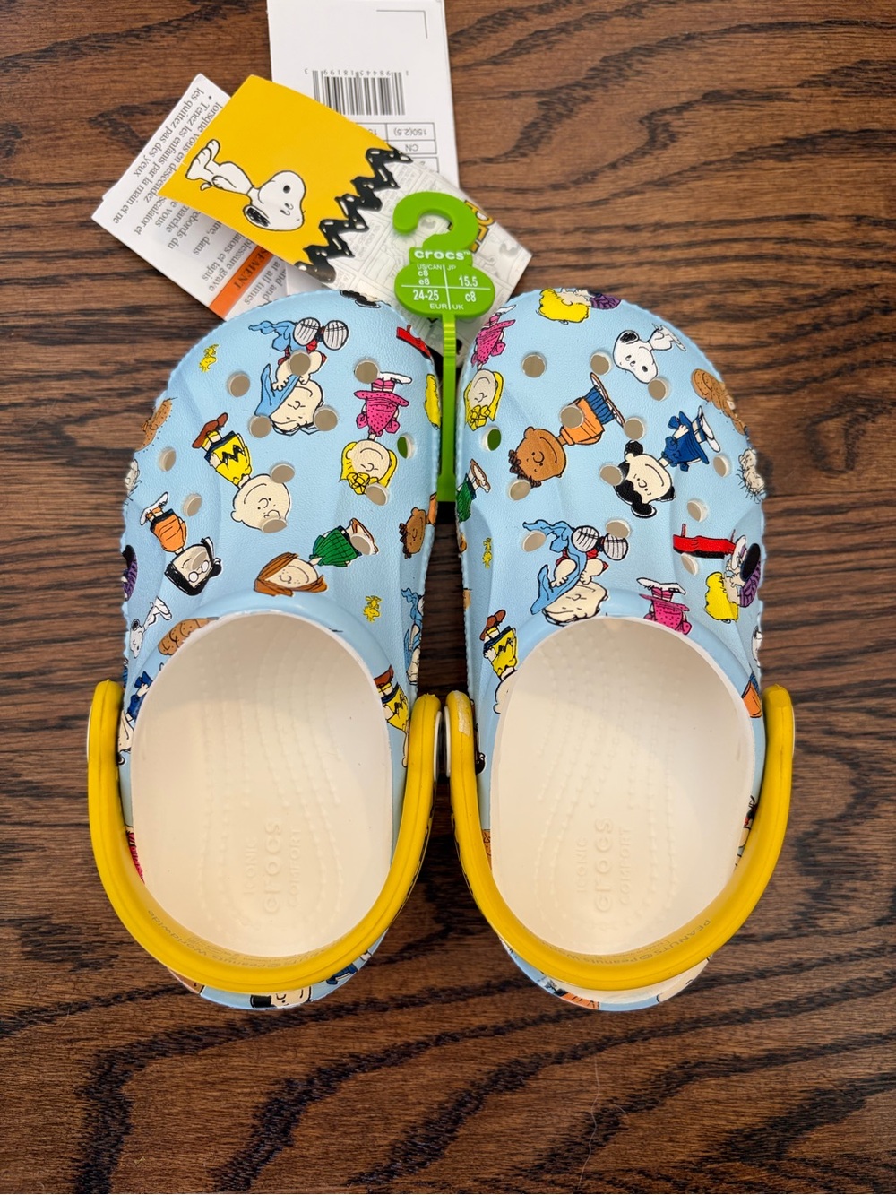 CROCS Snoopy Light Blue Clog with Yellow Strap and Multicolor Peanuts Print